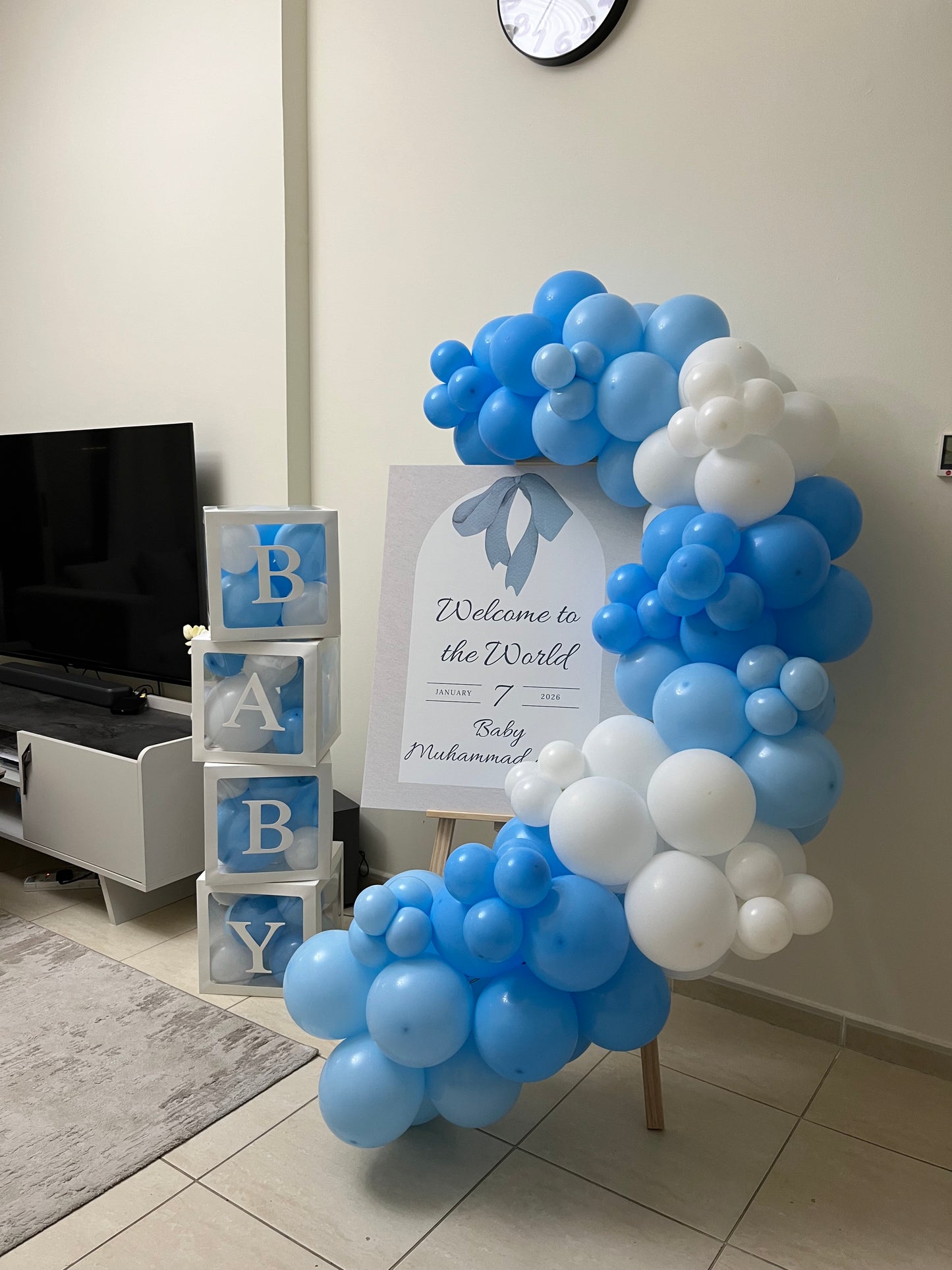 Hospital or Home Customize Welcome Board with Balloon Blue White and BABY Box - Perfect for special occasions
