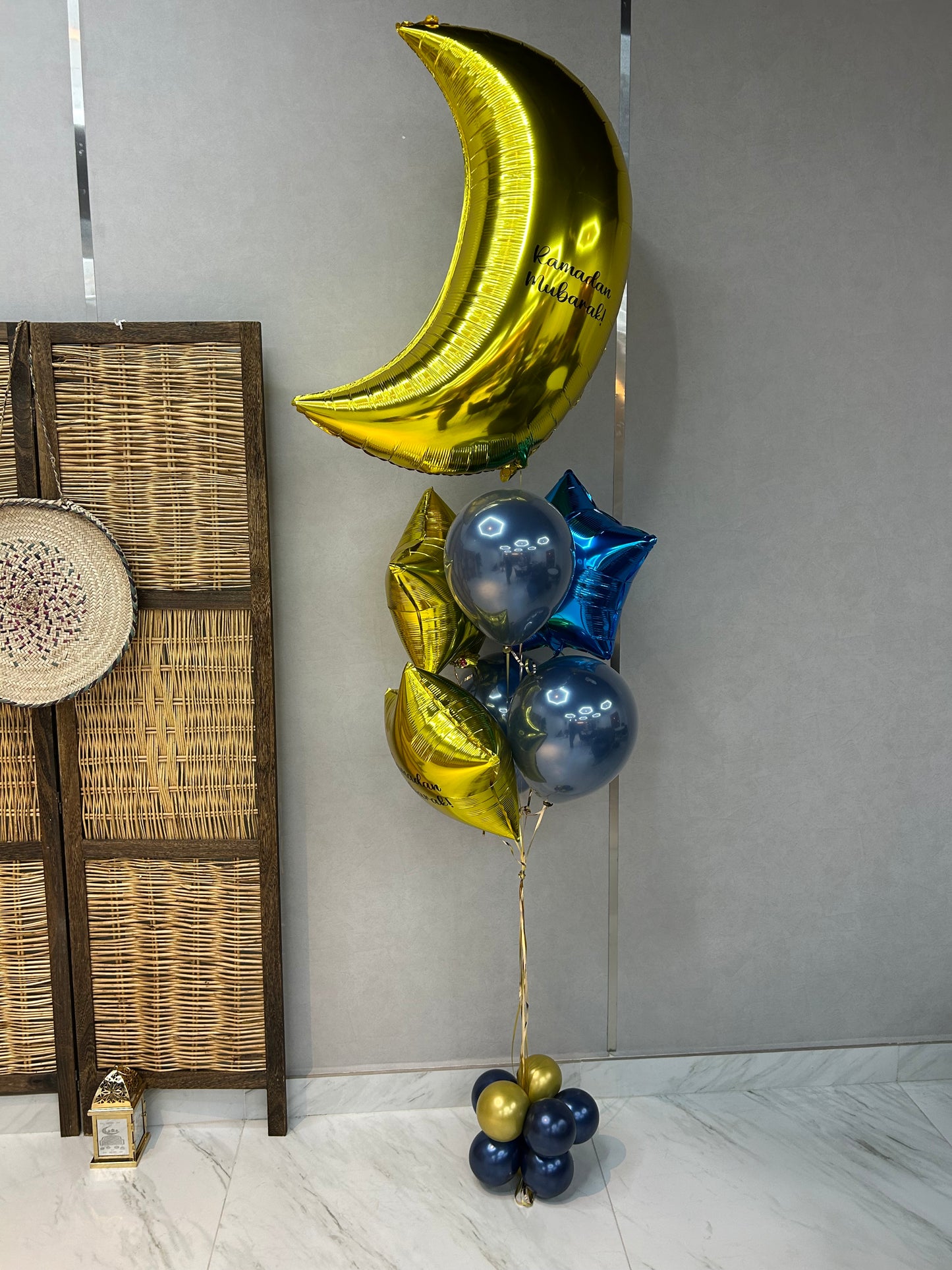 Personalised Ramadan Balloon Gold Moon with Double Layered Chrome Blue, Gold Latex and Foil Stars Set – Ramadan Celebration Decor