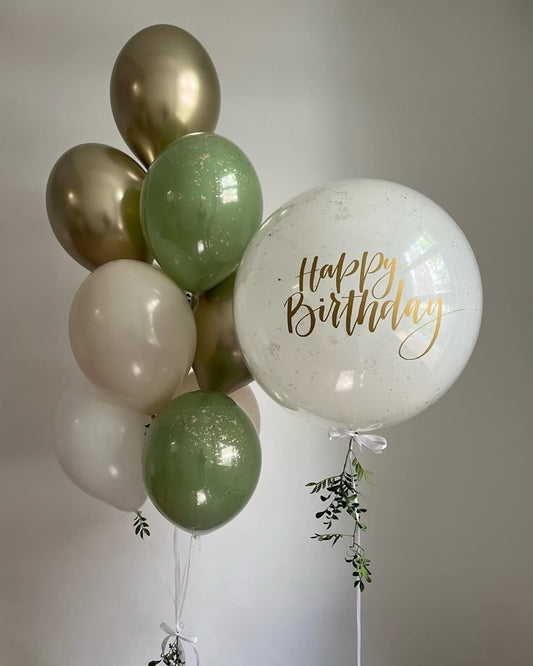 Personalised Helium Balloon Clear with Customizable Stickers and Double Layered Green, Light Gold, White and Sand White Latex Bunch with Ribbons - Perfect for any Occasions