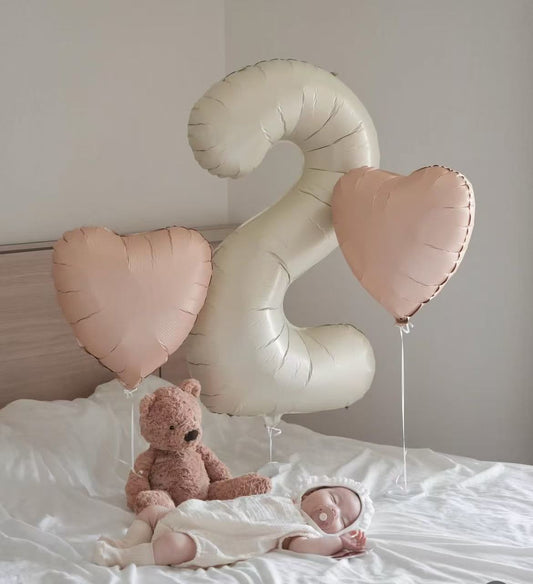Helium Beige Number Balloon ‘2’ with Foil Pink Heart-Shaped - Perfect for any celebrations!