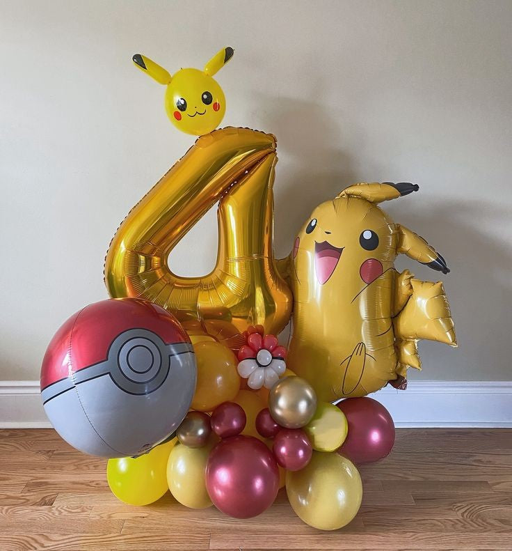 Yellow and Red Number Balloon on Stand Gold '4' Pikachu-Themed with Pikachu and Pokeball accents - Balloon Design