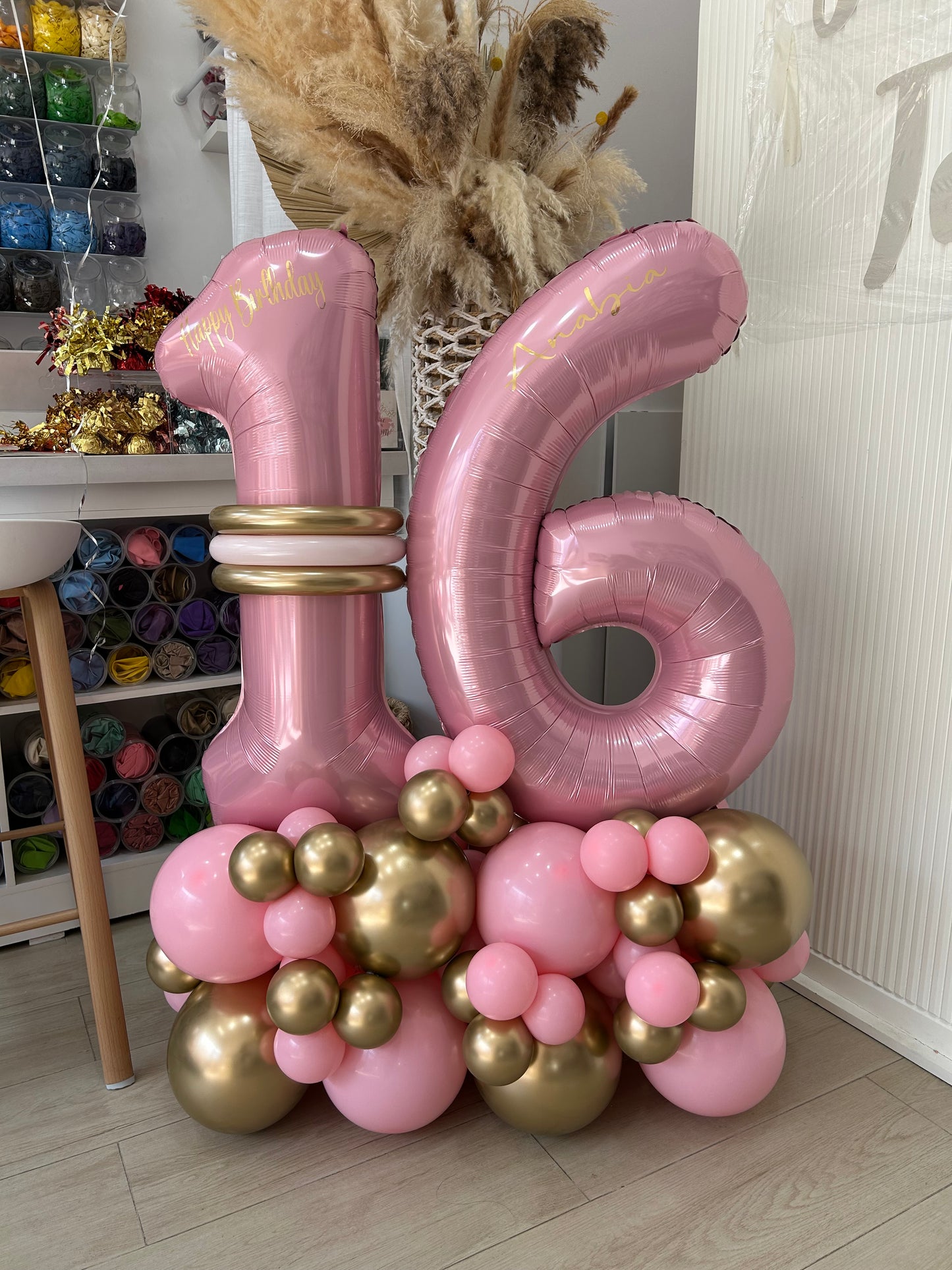 Platform Number ‘16’ Pink with Customized Sticker Balloons Light Gold Pink - Customizable Design