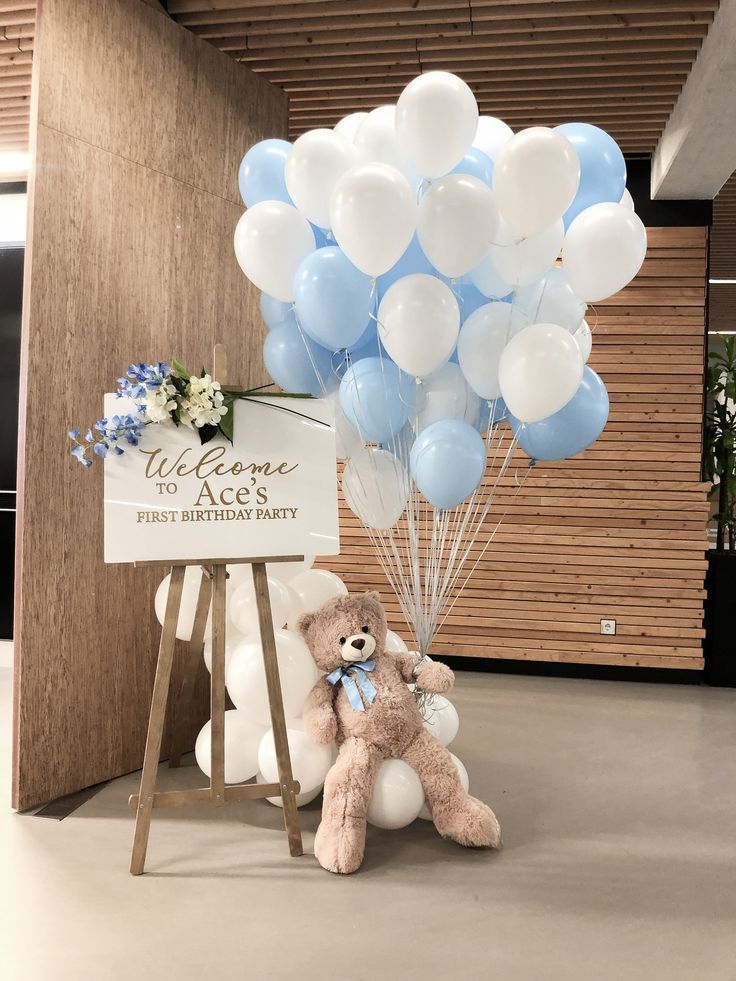 Hospital or Home Welcoming Baby Balloon Teddy Bear with 50pcs Helium Balloons Bunch Blue White Customize Board with Artificial Flower with Wooden Stand - Perfect for special occasions Baby Shower Welcome Baby Newborn