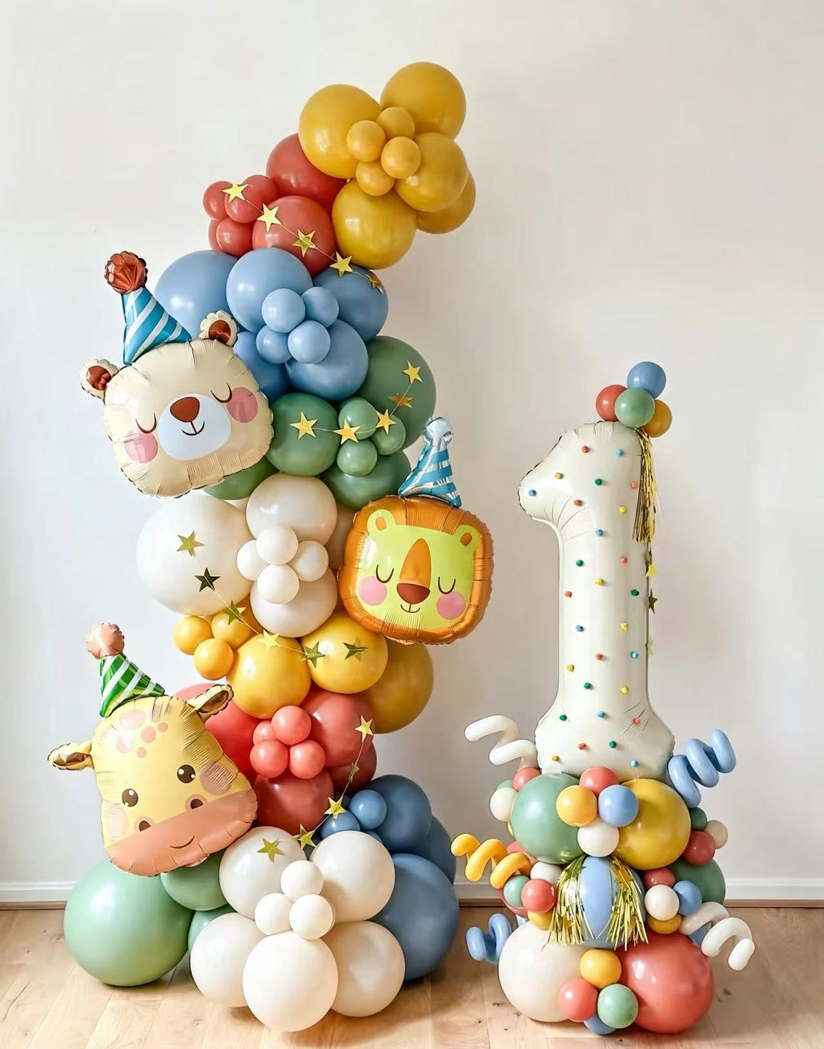 Balloon Chain with Animal Hat Yellow Red Green Blue Balloons with Star accents and Number '1' White Balloon on Stand with Pompom Balls - Animal-Themed Customizable Perfect for any occasions