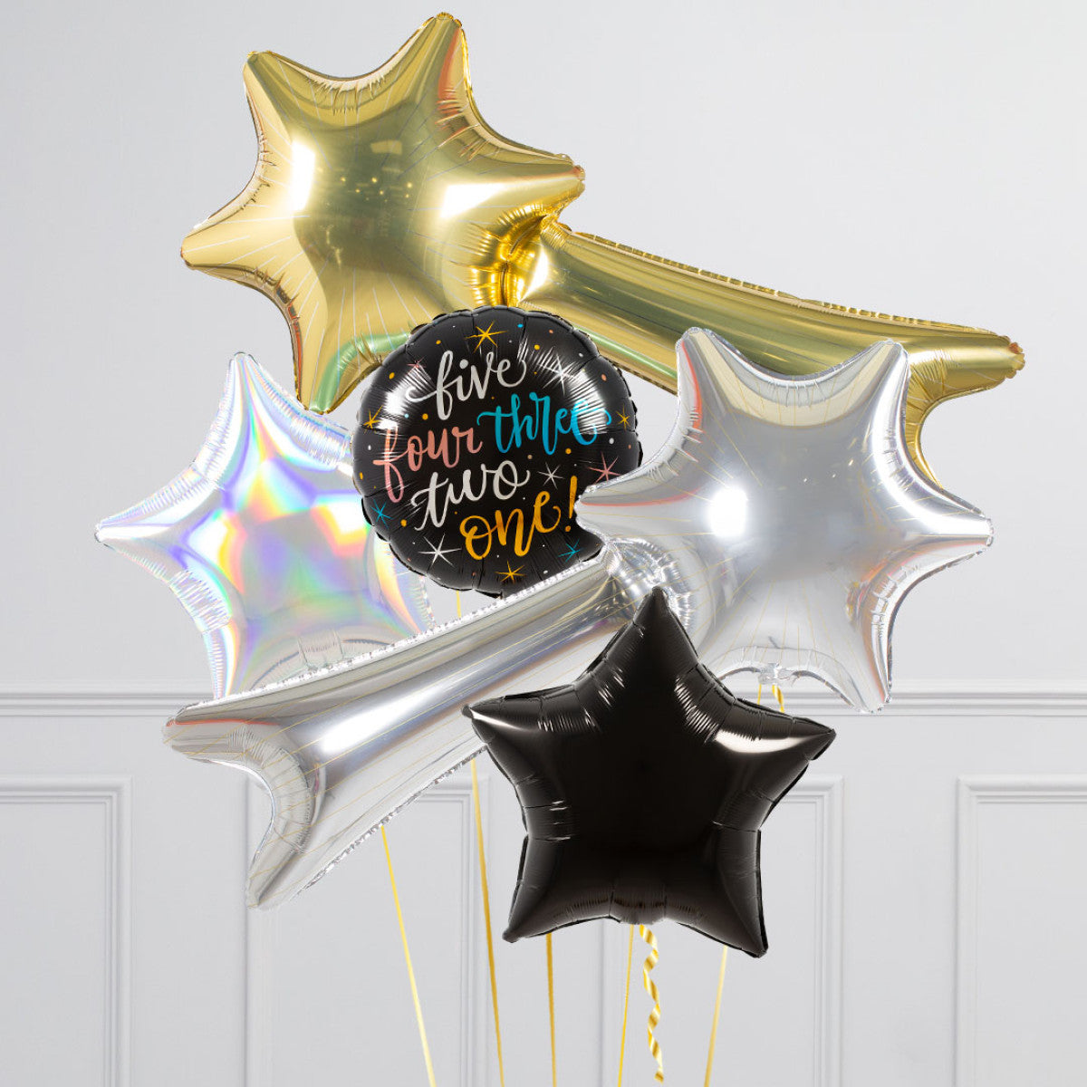 Gold, Black and Silver New Year's Eve Balloon Set - Star and Circle Balloons, and 'Happy New Year' Designs