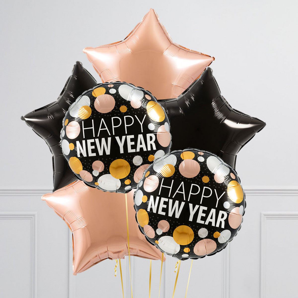 Pink and Black New Year's Eve Balloon Set – Helium Black, Rose Gold, and Polka Dot Round Balloons and Star Balloons