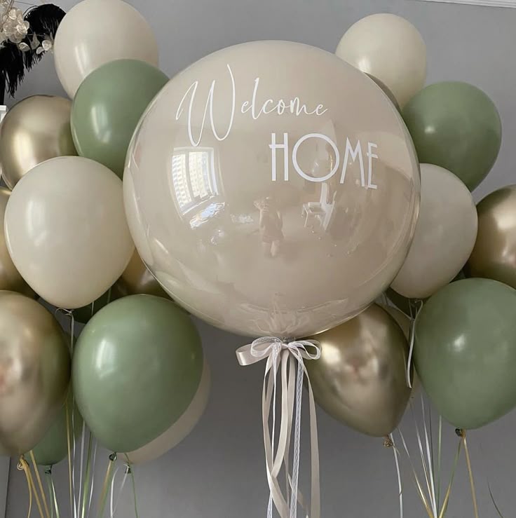 Personalised Helium Balloons Clear with Beige Latex, Ribbons and Customize Sticker and Latex Bunch Beige, Oliver Green and Light Gold - Perfect for any Occasions