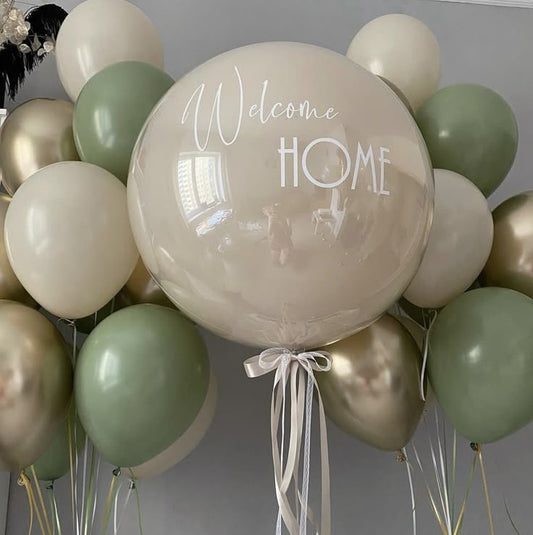 Personalised Helium Balloons Clear with Beige Latex, Ribbons and Customize Sticker and Latex Bunch Beige, Oliver Green and Light Gold - Perfect for any Occasions