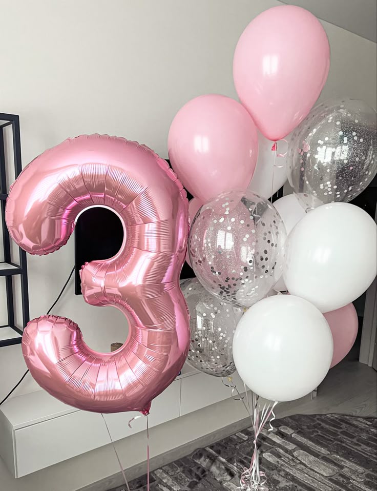 Helium Balloon Single Number Set of White, Pink and Clear with Silver Confetti with Number ‘3’ Balloon and Pink Strings - Perfect for any Occasions