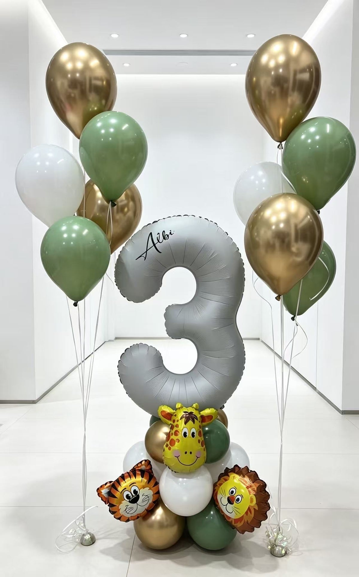 Safari Jungle Balloon Setup with Green, Light Gold and White Latex Bunch and Number Balloon on Stand with Mini Giraffe, Lion and Tiger Accents - Perfect for Kids Birthday & Wild Celebrations