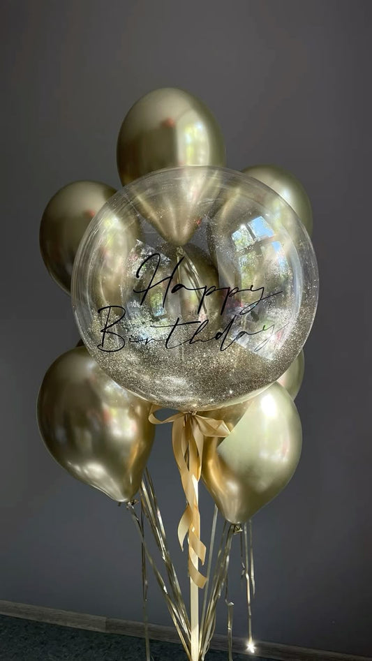 Personalised Helium Balloons Clear with Gold Glitters, Ribbons and Customize Sticker and Latex Bunch Gold - Perfect for any Occasions