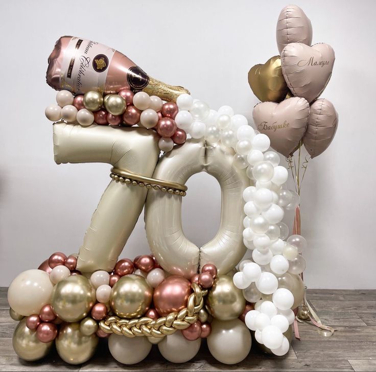 Platform Beige Numbers '70' with Latex Rose Gold, Beige, Clear, White, Light Gold and Champagne Bottle Foil accents with Helium Heart-Shaped with Customize Sticker – Customizable Design