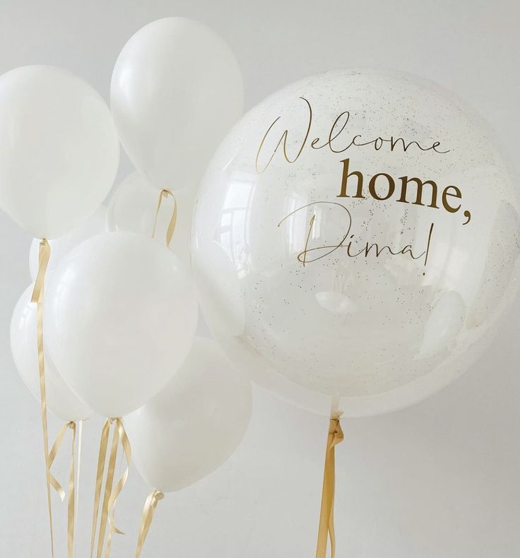 Personalised Helium Balloons Clear with White Latex, Gold Glitters, Ribbons and Customize Sticker and Latex Bunch White - Perfect for any Occasions