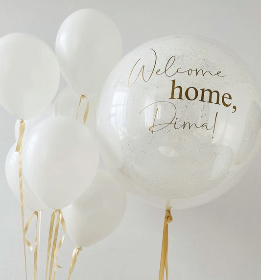 Personalised Helium Balloons Clear with White Latex, Gold Glitters, Ribbons and Customize Sticker and Latex Bunch White - Perfect for any Occasions