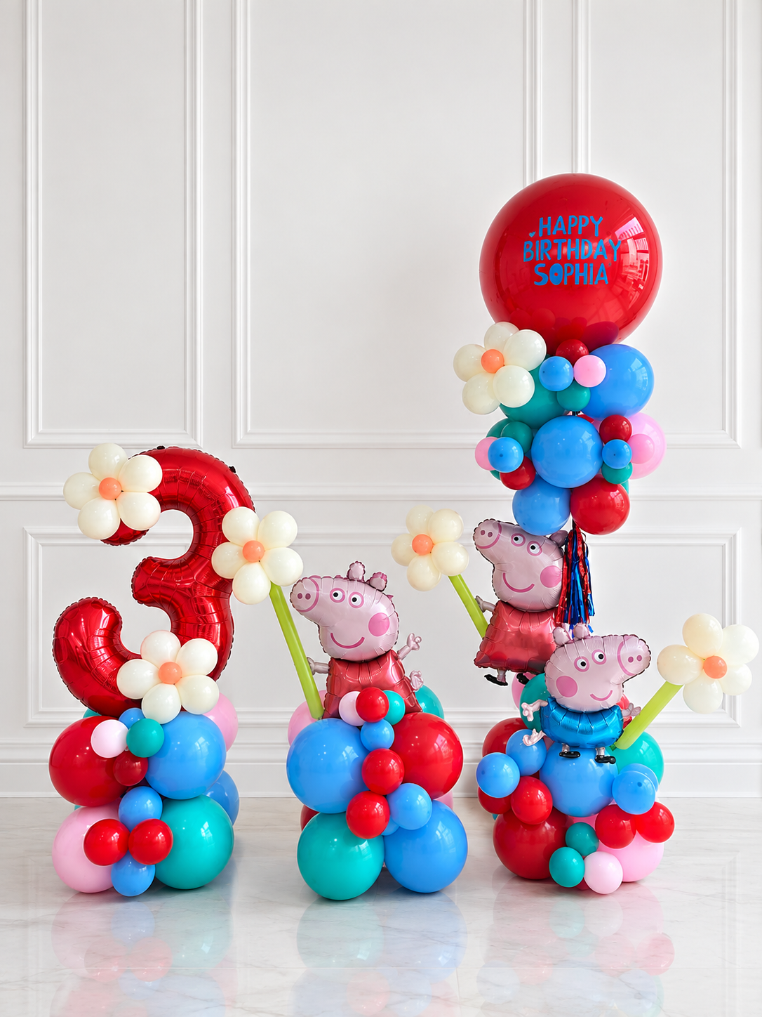Personalised Peppa Pig Balloon with Flower and Tassels Accents Pillar/Column/Tower & Number Balloon on Stand '3' with Flower Accents - Customizable for Any Cartoon-Themed Celebrations!
