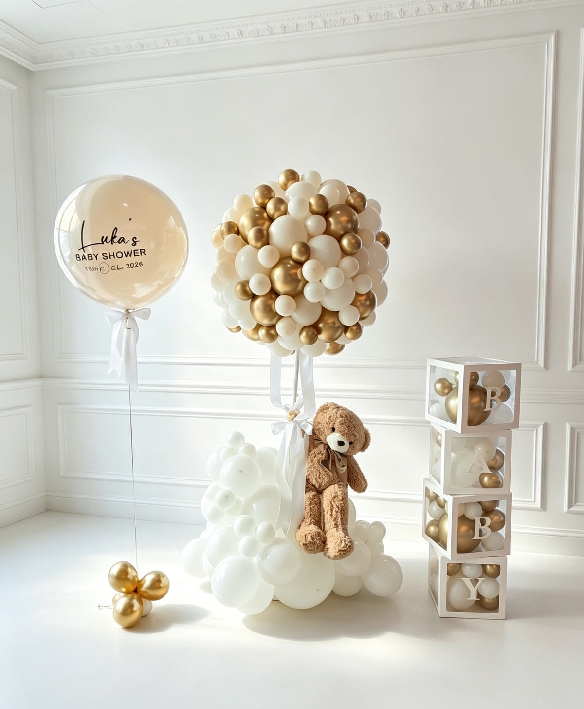 Hospital or Home Welcoming Baby Balloon Teddy Bear with White Baby BOX with Balloons White Brown Light Gold Personalised Beige Customize Sticker - Perfect for special occasions Baby Shower Welcome Baby Newborn