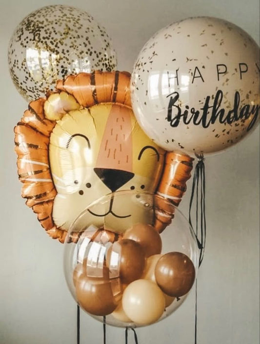 Personalised Helium Balloon Clear with Confetti, Clear with Customizable Stickers, Clear with Brown and Beige Latex, Lion Animal Balloons and Ribbons - Perfect for any Occasions