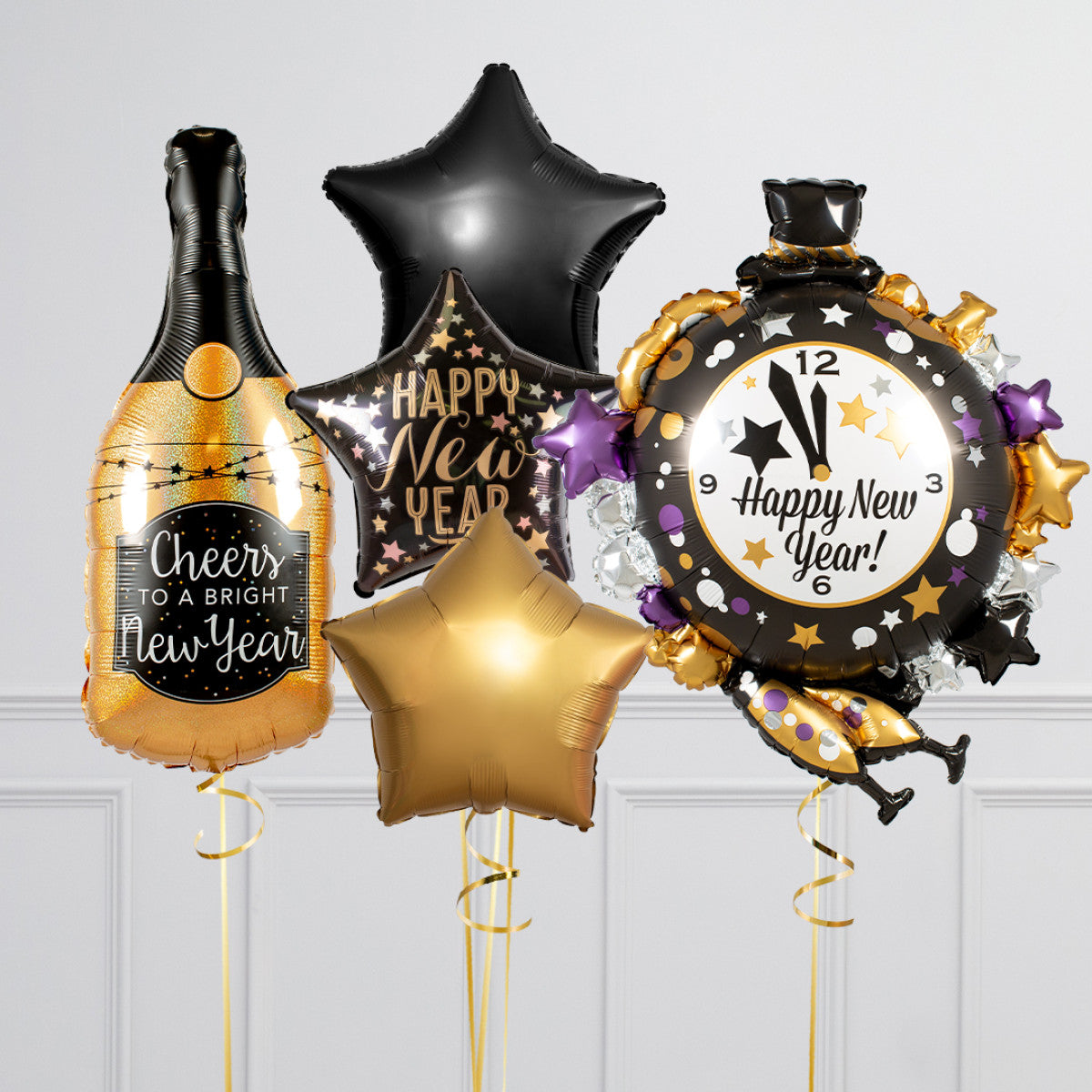 Black and Gold New Year's Eve Balloon Set - Champagne Bottle, Clock, Star Balloons, and 'Happy New Year' Designs