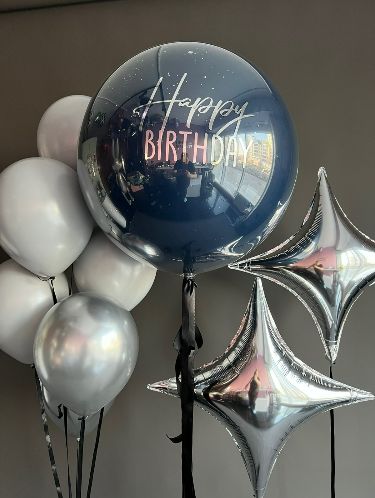 Personalised Helium Balloons Clear with Blue Latex, Confetti, Ribbons and Customize Sticker and Latex Bunch White and Silver, Silver Star-Shaped Foil Helium - Perfect for any Occasions