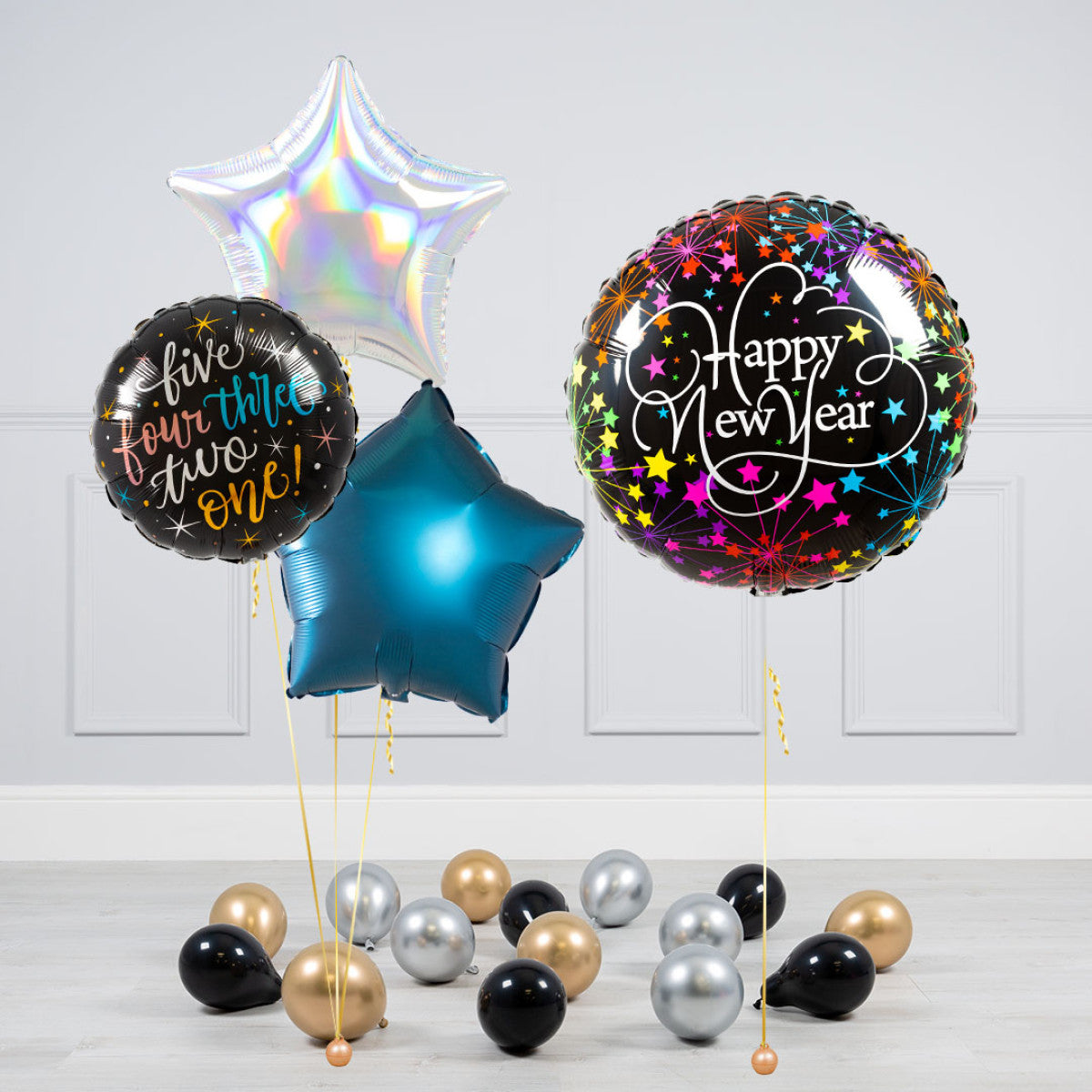 Silver, Blue and Black New Year's Eve Balloon Set - Star and Circle Balloons, and 'Happy New Year' Designs with Mini Balloons