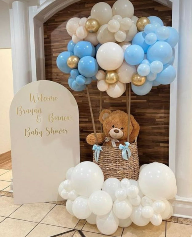 Baby Shower Balloon White, Beige, Light Gold and Blue with Teddy Bear Designed Hot air Balloon and Customize KT Arch Board Setup - Perfect for special occasions!
