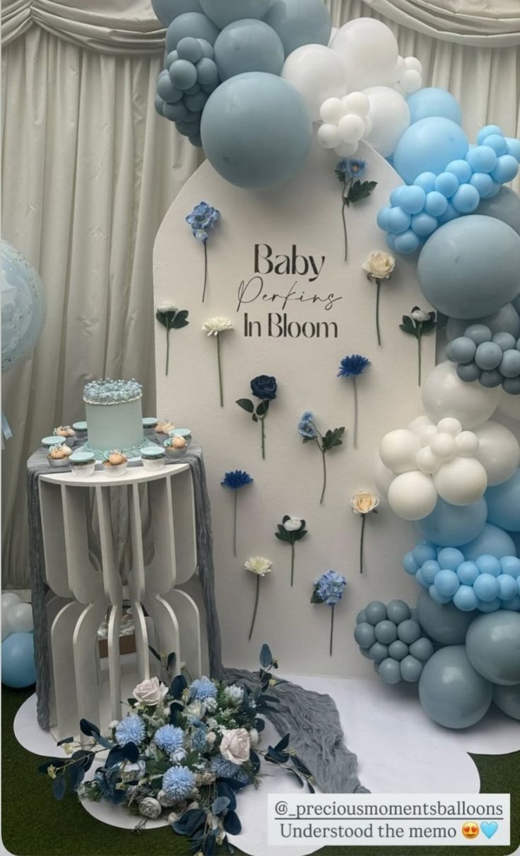 Customizable Board Backdrop with Different Shades of Blue, White Balloons and Artificial Flowers - Perfect for any celebration!