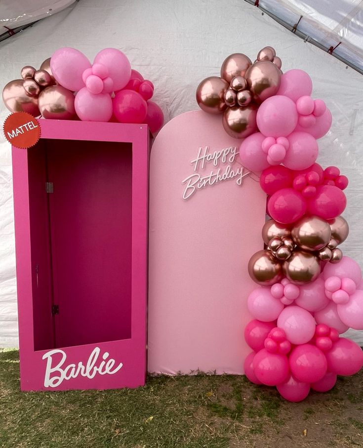 Customizable Board Backdrop, LED Acrylic ‘Happy Birthday’ Lights with Balloon Different Shades of Pink and Silver Decor Setup Barbie-Themed - Perfect for special occasions