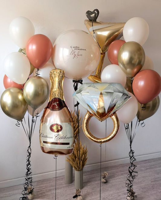 Personalised Clear with Pink Latex and Customize Sticker, Champagne Glass and Bottle, Engagement Gold Diamond Ring and Helium Bunch Light Gold, Sand White and Muave - Bridal Shower Perfect for Special Occasions!