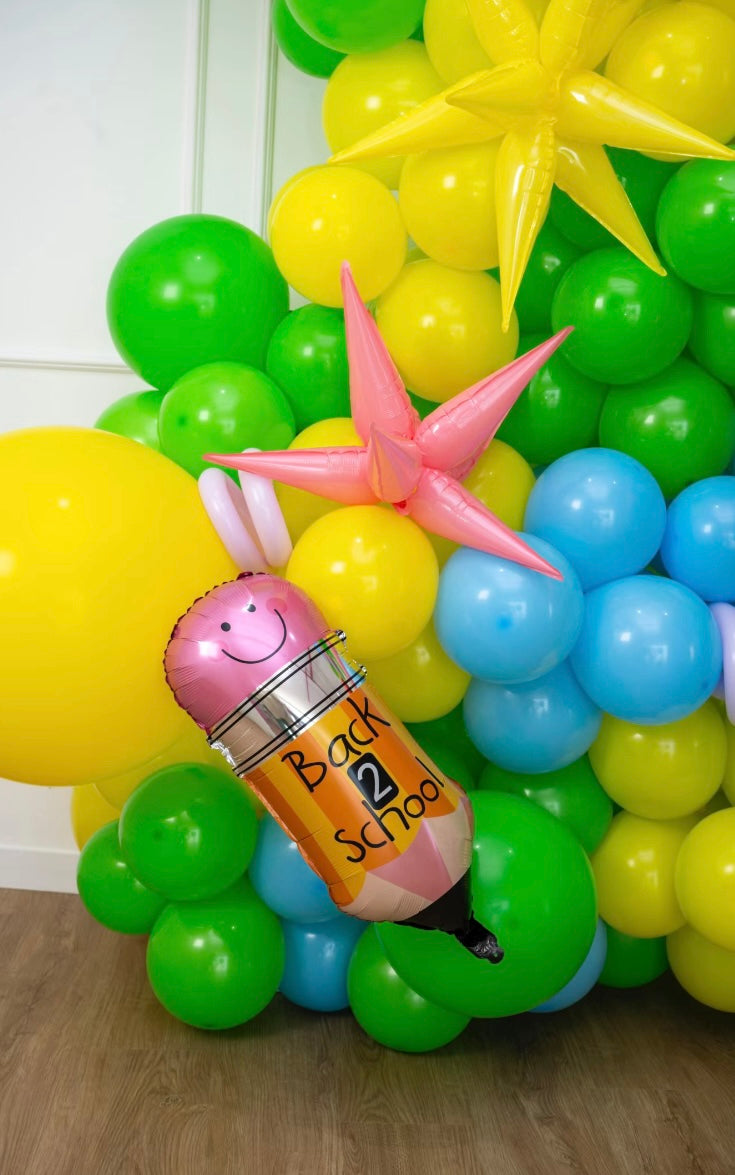 Balloon Blue, Yellow and Green Wall Decor Bus, Pencil, Backpack and ‘Back to School’ Foil Balloons with Setup - Customizable for special school occasions