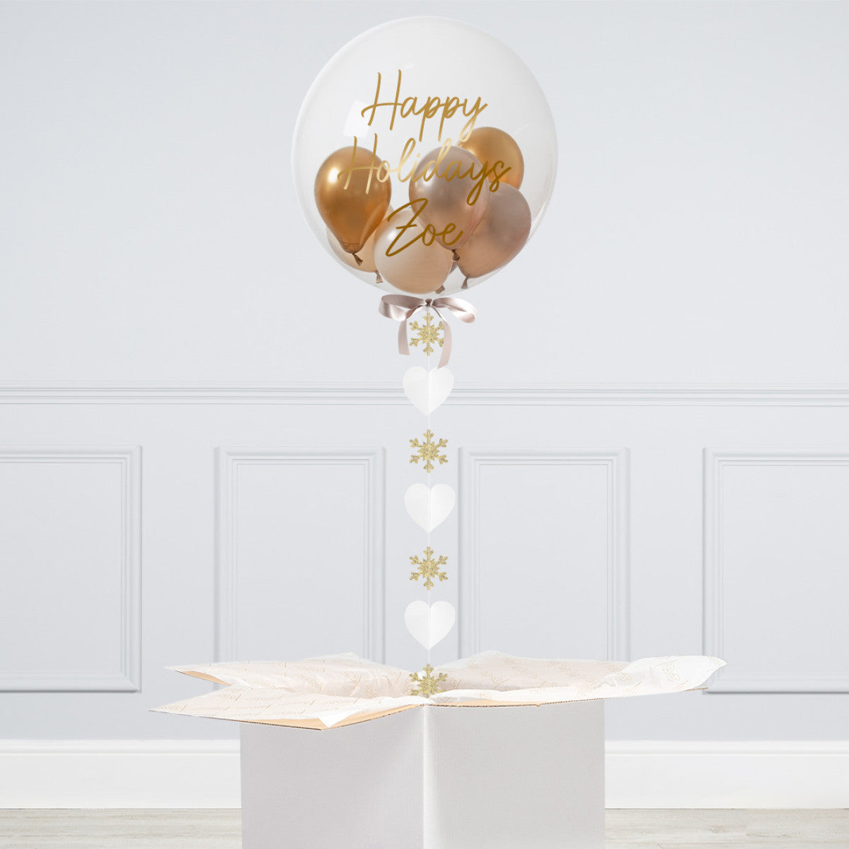 Clear with Mini Latex Gold and White Sand Personalised Helium Balloon - Perfect for Christmas Celebration with Customizable Sticker