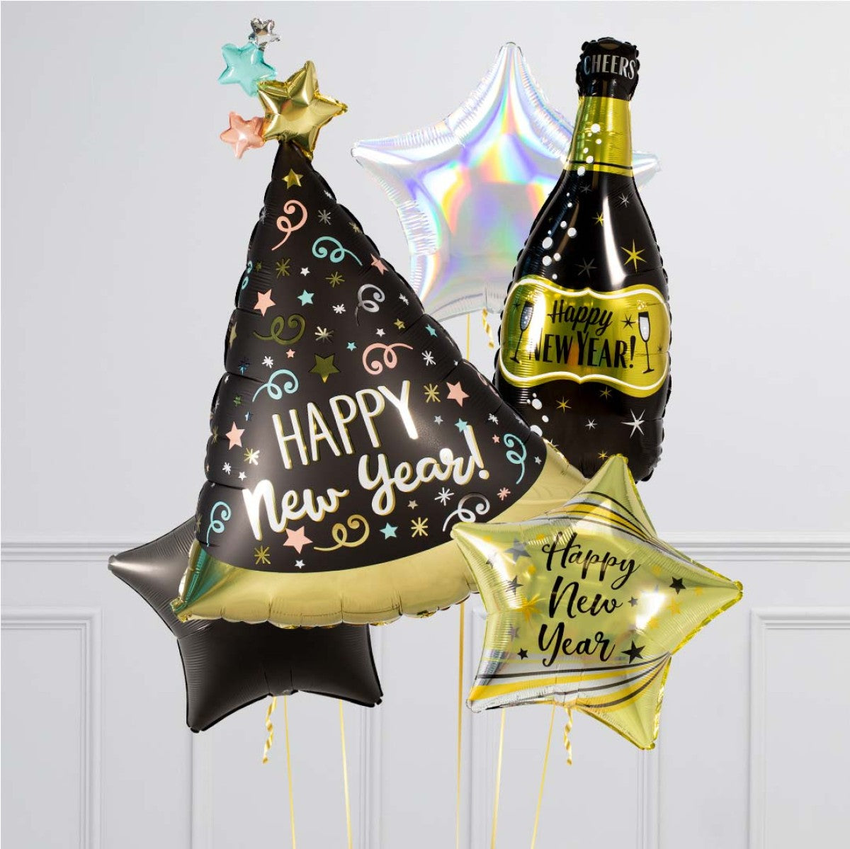 Silver, Black and Gold Party Hat and Champagne New Year's Eve Helium Balloon Set – Multicolor Celebration