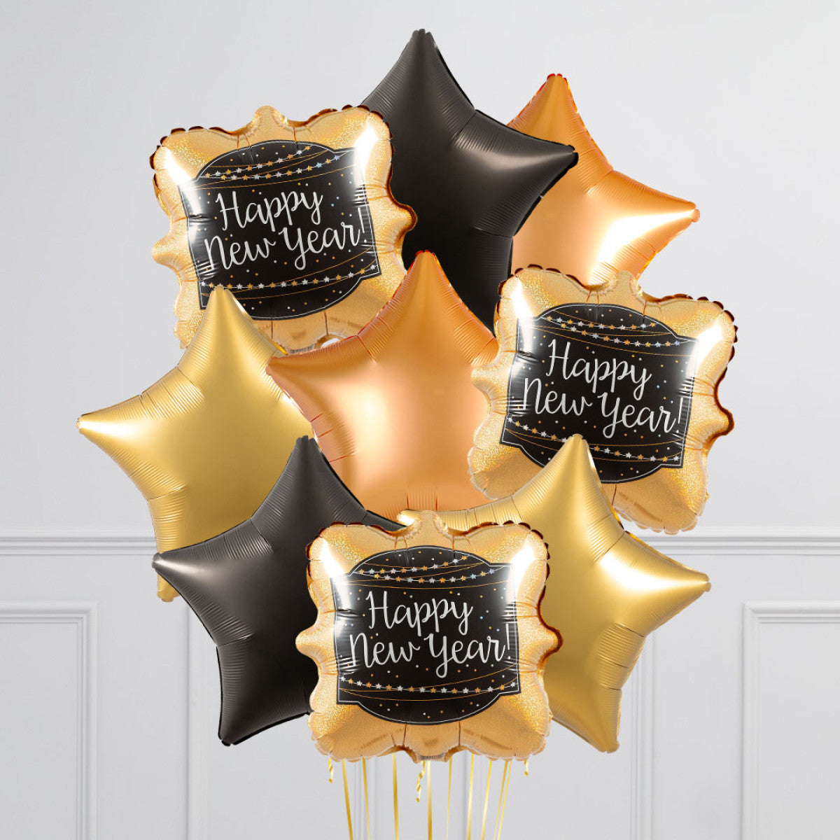 Gold and Black New Year's Eve Balloon Set - Star Balloons, and 'Happy New Year' Designs