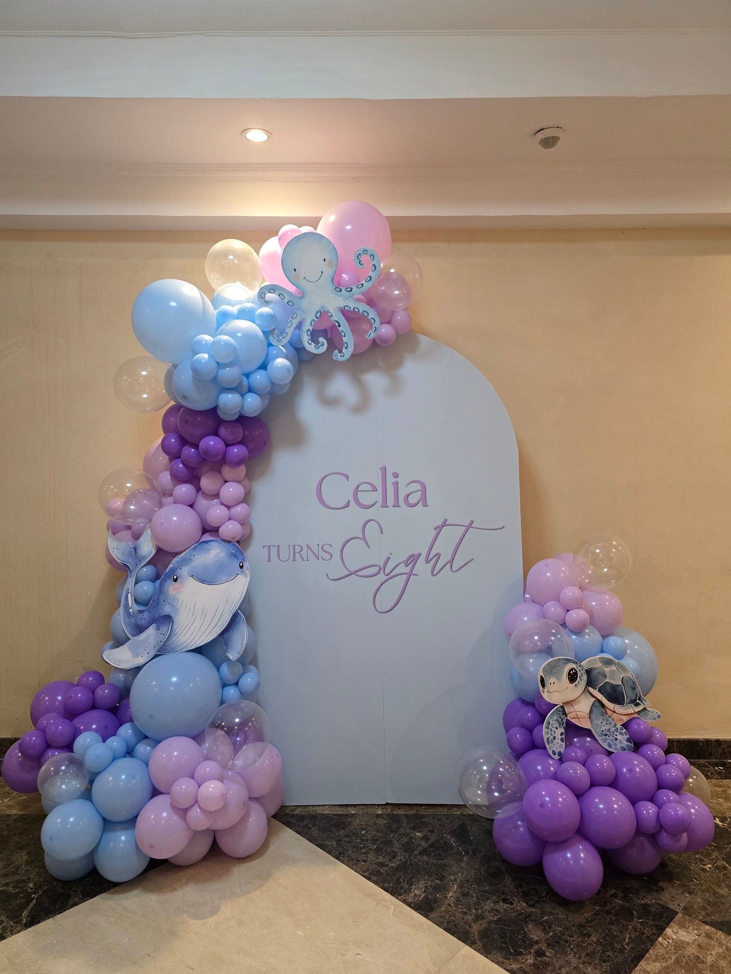 Ocean Themed Customize Backdrop with Balloon Different Shades of Blue Purple Clear with Cutouts Whale Octopus Turtle - Perfect for Birthday Celebration! (Copy)