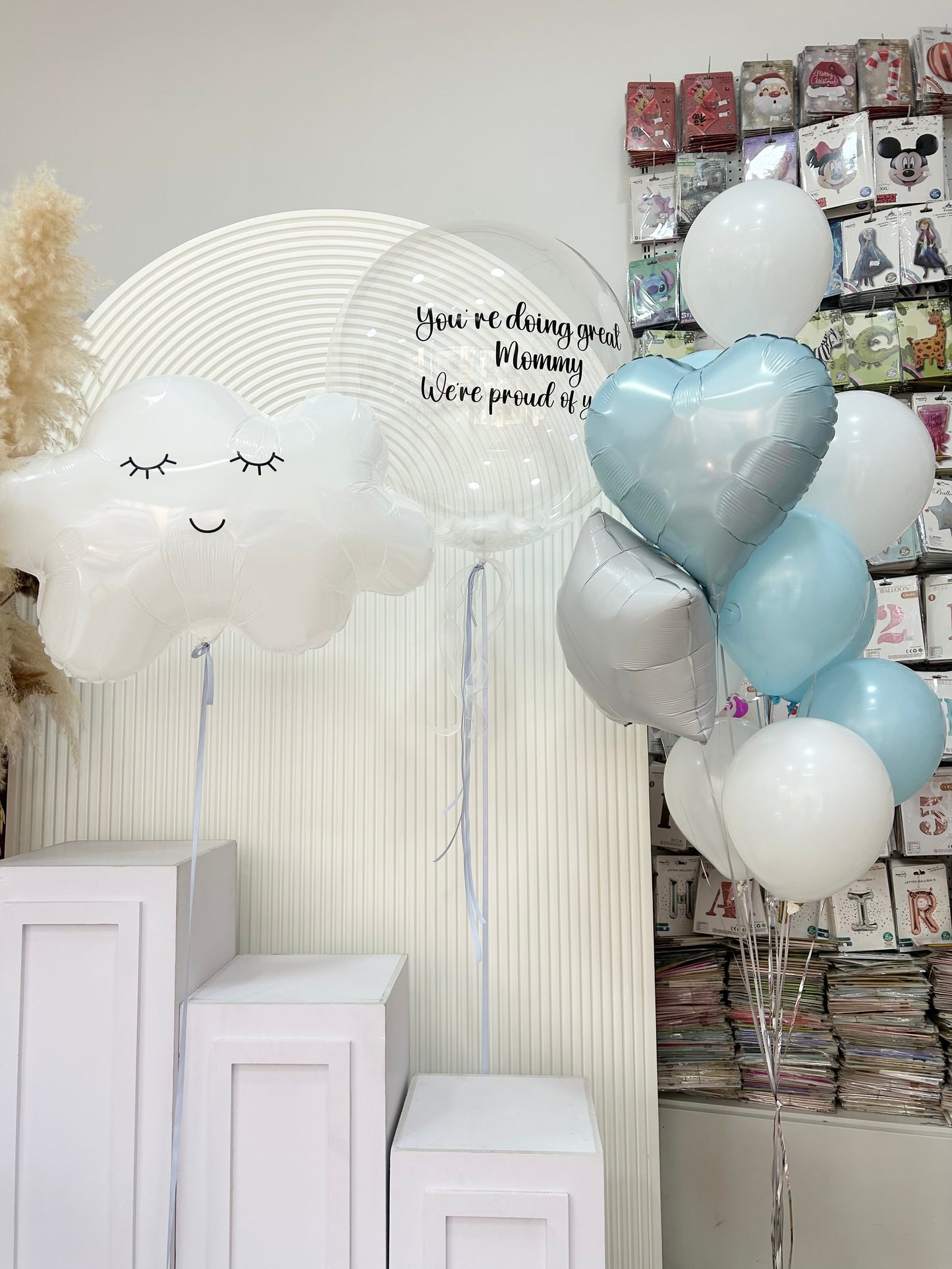 Personalised Clear with Feather and Customize Sticker, White Cloud and Latex White, Blue with Star and Heart Helium Balloon Bunch - Baby Shower, Perfect for special occasions!