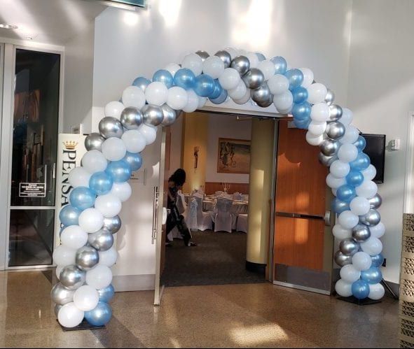 Balloon Arch Blue, White and Silver Spiral Arrangement - Corporate Event, Grand Opening, Company Event Perfect for special occasion!