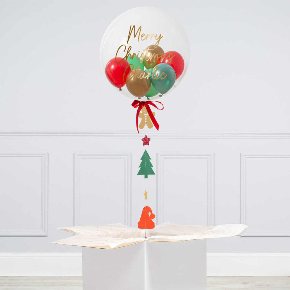 Clear with Mini Latex Red, Green and Gold Personalised Helium Balloon - Perfect for Christmas Celebration with Customizable Sticker