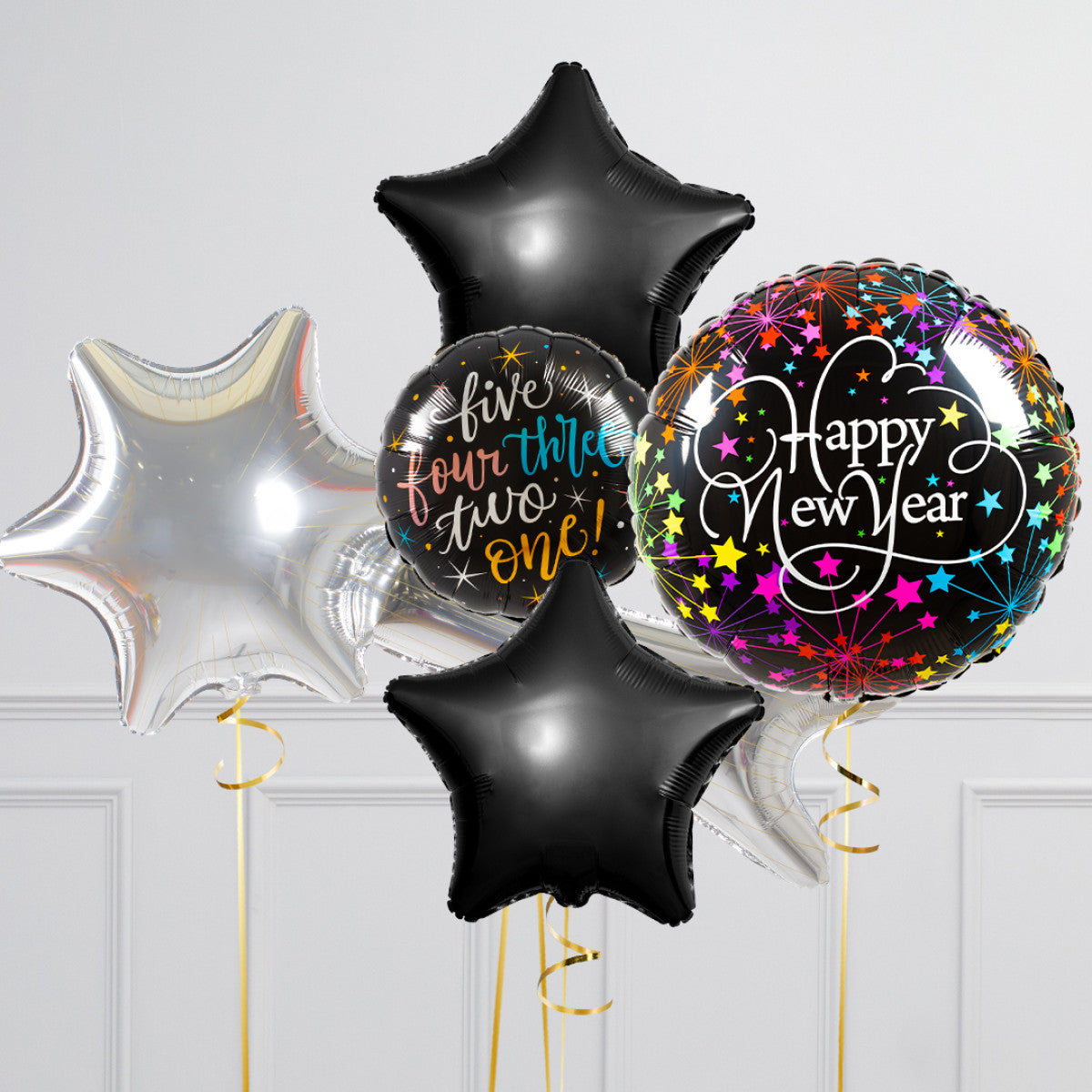 Black and Silver New Year's Eve Balloon Set - Star and Circle Balloons, and 'Happy New Year' Designs