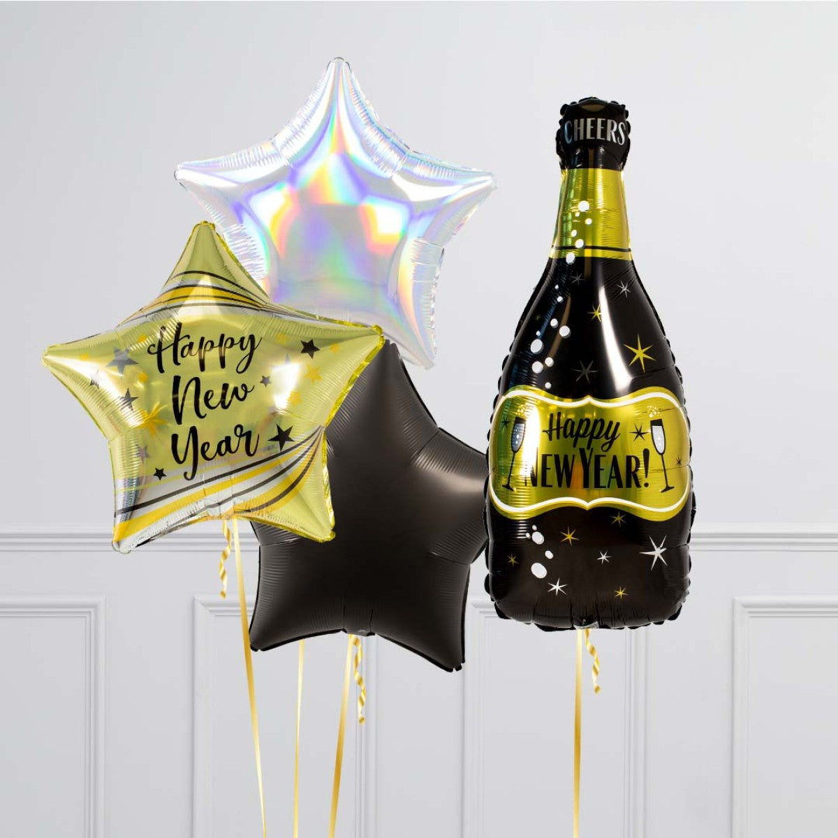 Gold, Silver and Black New Year's Eve Balloon Set - Helium Champagne Bottle and Star Balloons