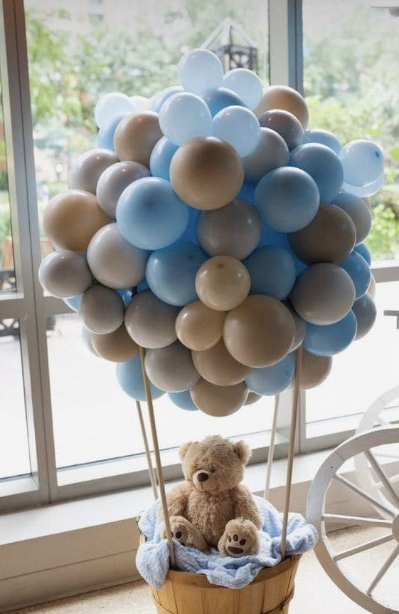 Baby Shower Balloon Beige, Gray and Blue with Teddy Bear Designed Hot Air Balloon Setup - Perfect for special occasions!