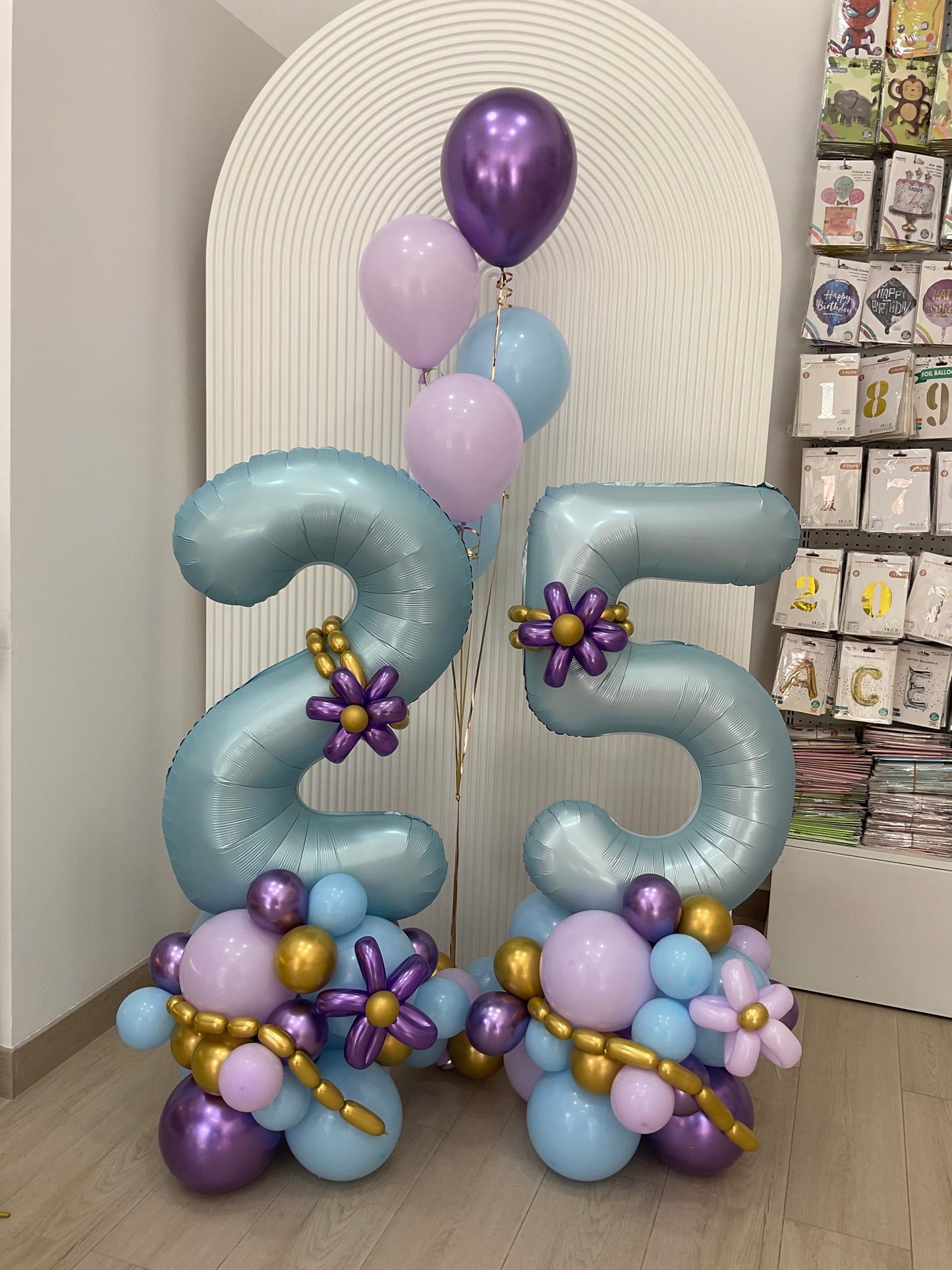 ‘2&5’ Blue Number with Chrome Purple, Purple, Blue and Gold Balloon on Stand Setup with Latex Bunch - Flower-Themed Perfect for any celebrations!