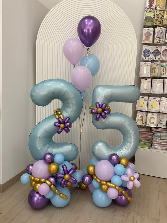‘2&5’ Blue Number with Chrome Purple, Purple, Blue and Gold Balloon on Stand Setup with Latex Bunch - Flower-Themed Perfect for any celebrations!