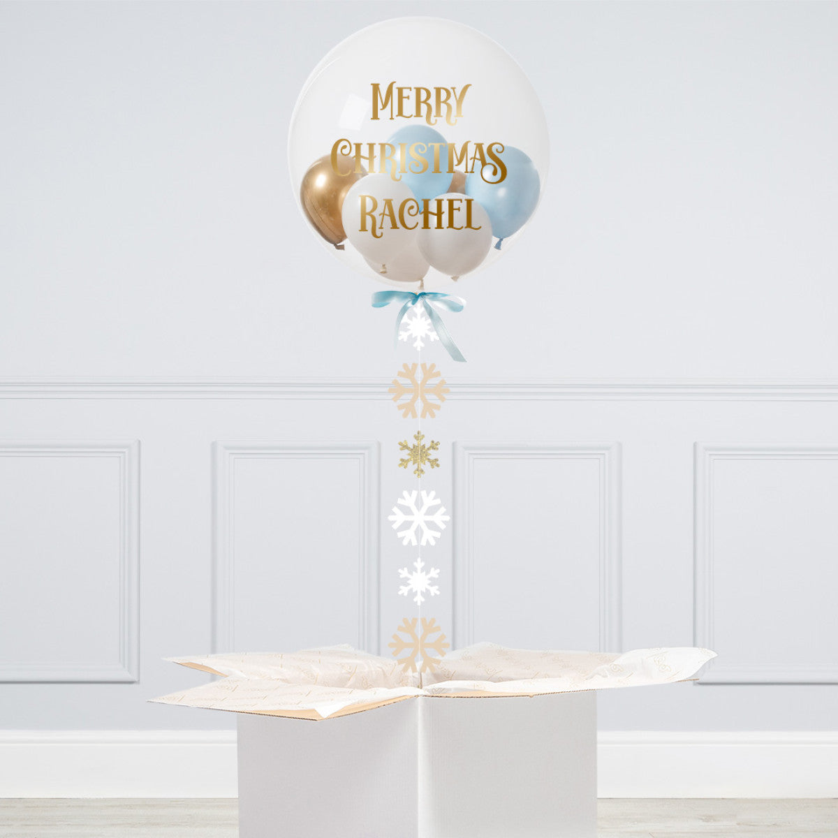 Clear with Mini Latex Gold, Silver and Blue Personalised Helium Balloon - Perfect for Christmas Celebration with Customizable Sticker