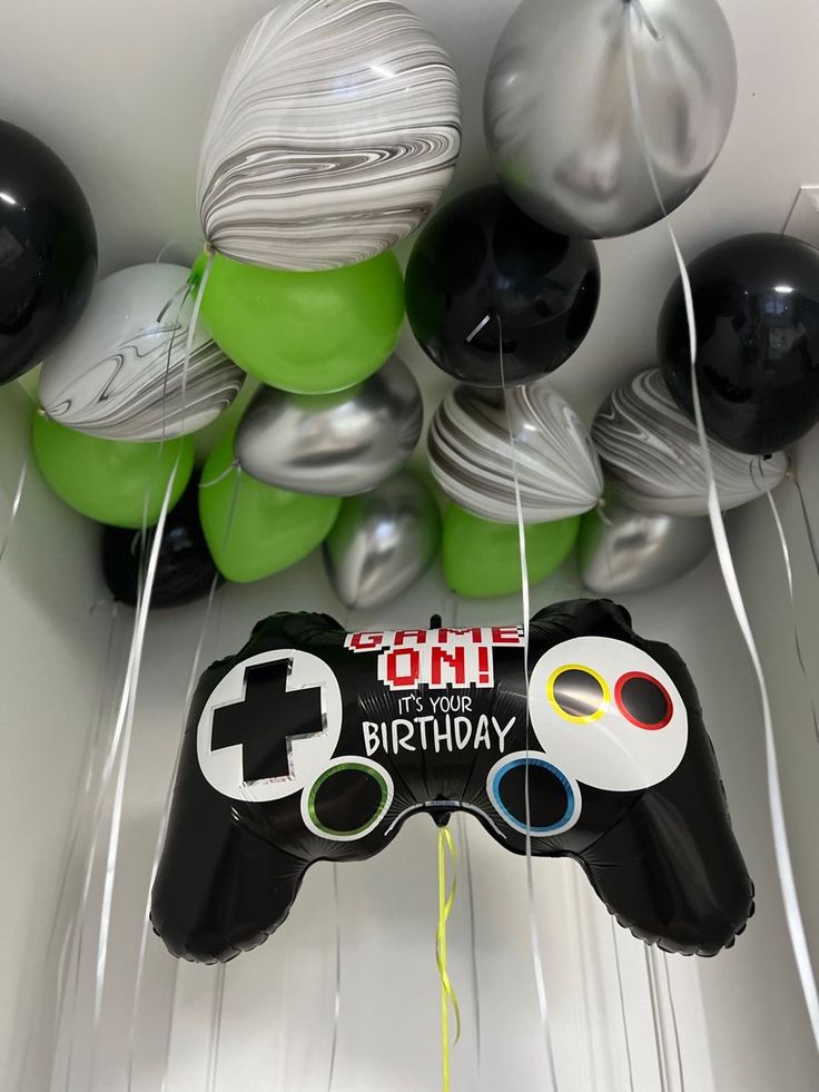 Latex Ceiling Balloon Black, Silver and Green with Game Controller Helium - Gamer-Themed Game-Themed Perfect for any Occasions