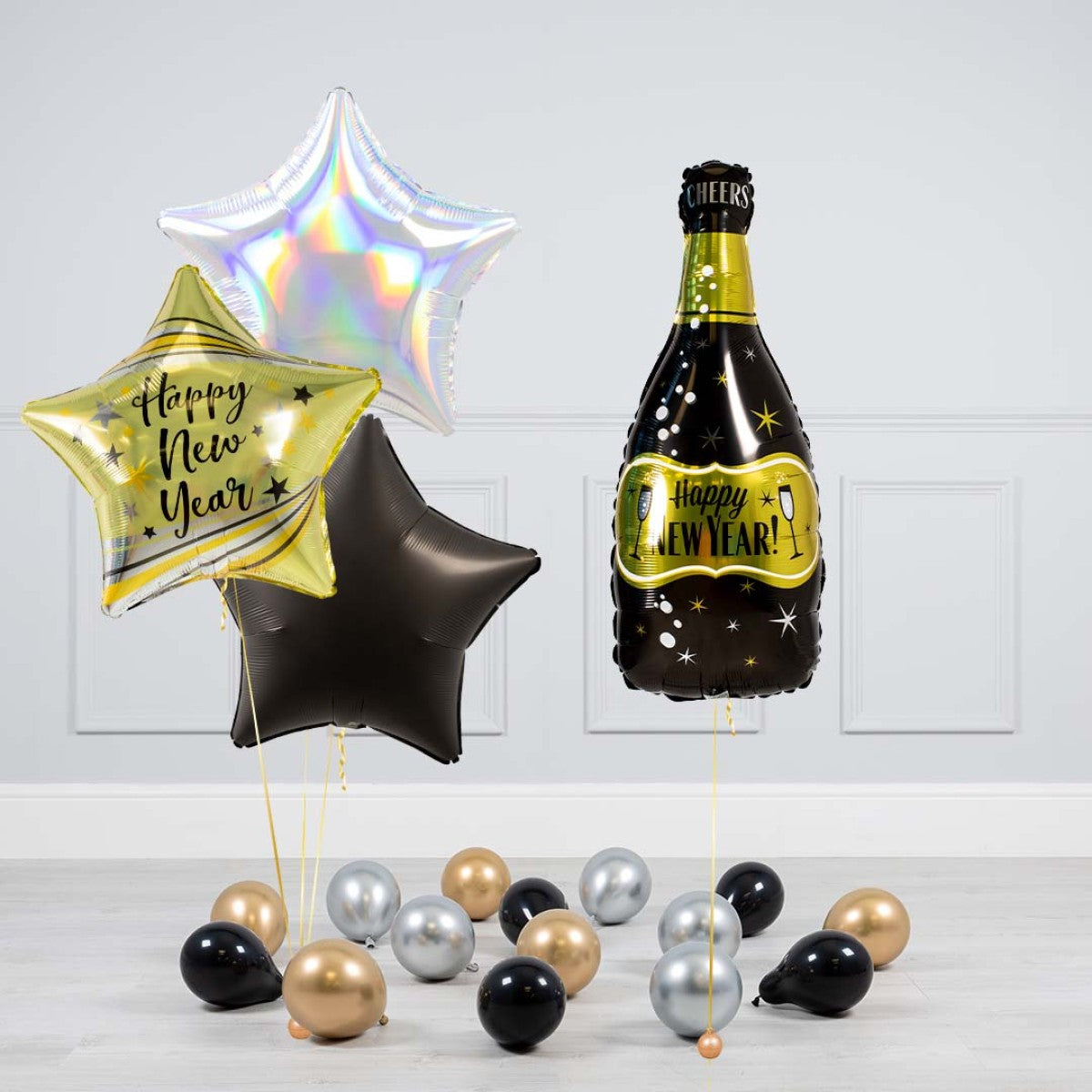 Silver, Black and Gold New Year's Eve Balloon Set - Champagne Bottle, Star Balloons, and 'Happy New Year' Designs with Mini Balloons