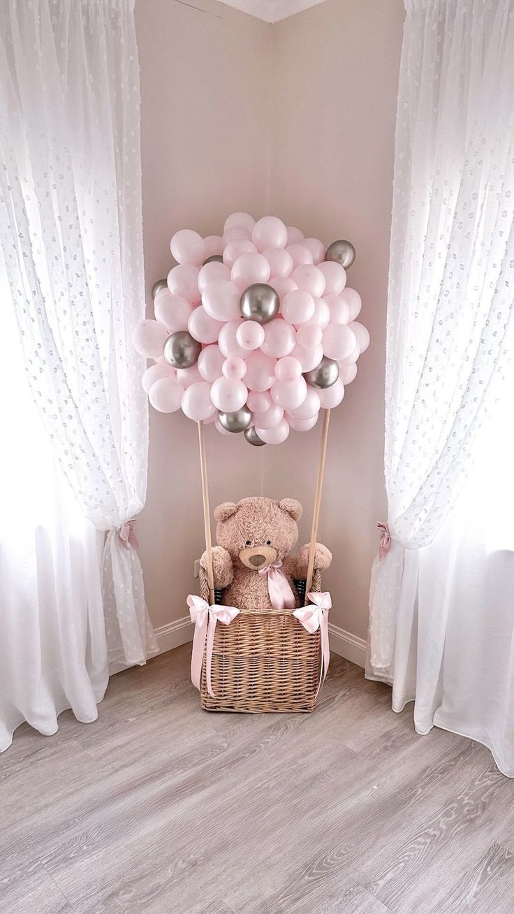 Baby Shower Balloon Pink and Silver with Teddy Bear Designed Hot Air Balloon Setup with Ribbons - Perfect for special occasions!