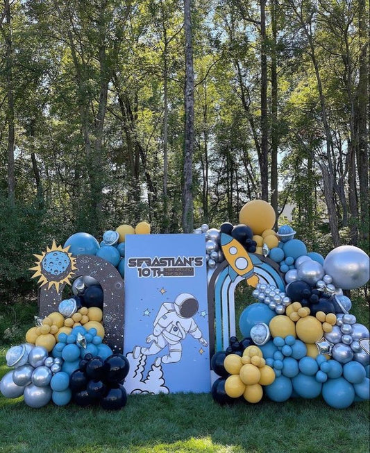 Full Set Customizable Board Backdrop with Balloon Blue, Silver and Yellow with Silver Stars Accents Setup - Galaxy-Themed Perfect for special occasions