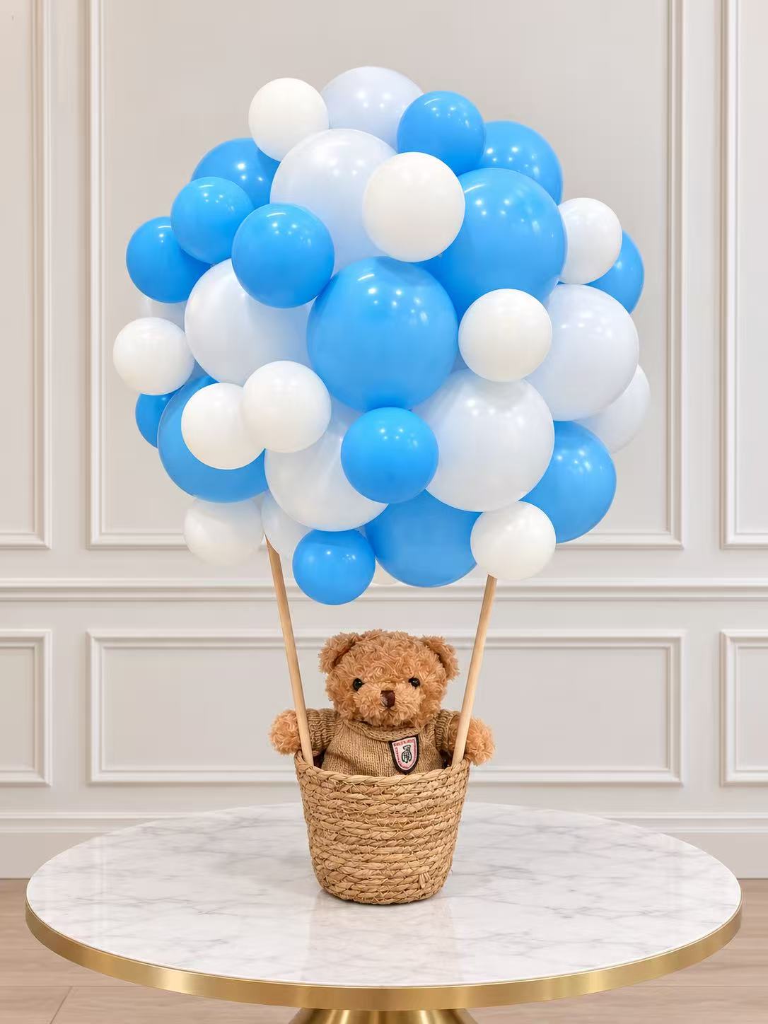 Customizable Balloon Blue White Centerpiece with Teddy Bear in a Basket - Perfect for any Occasions!