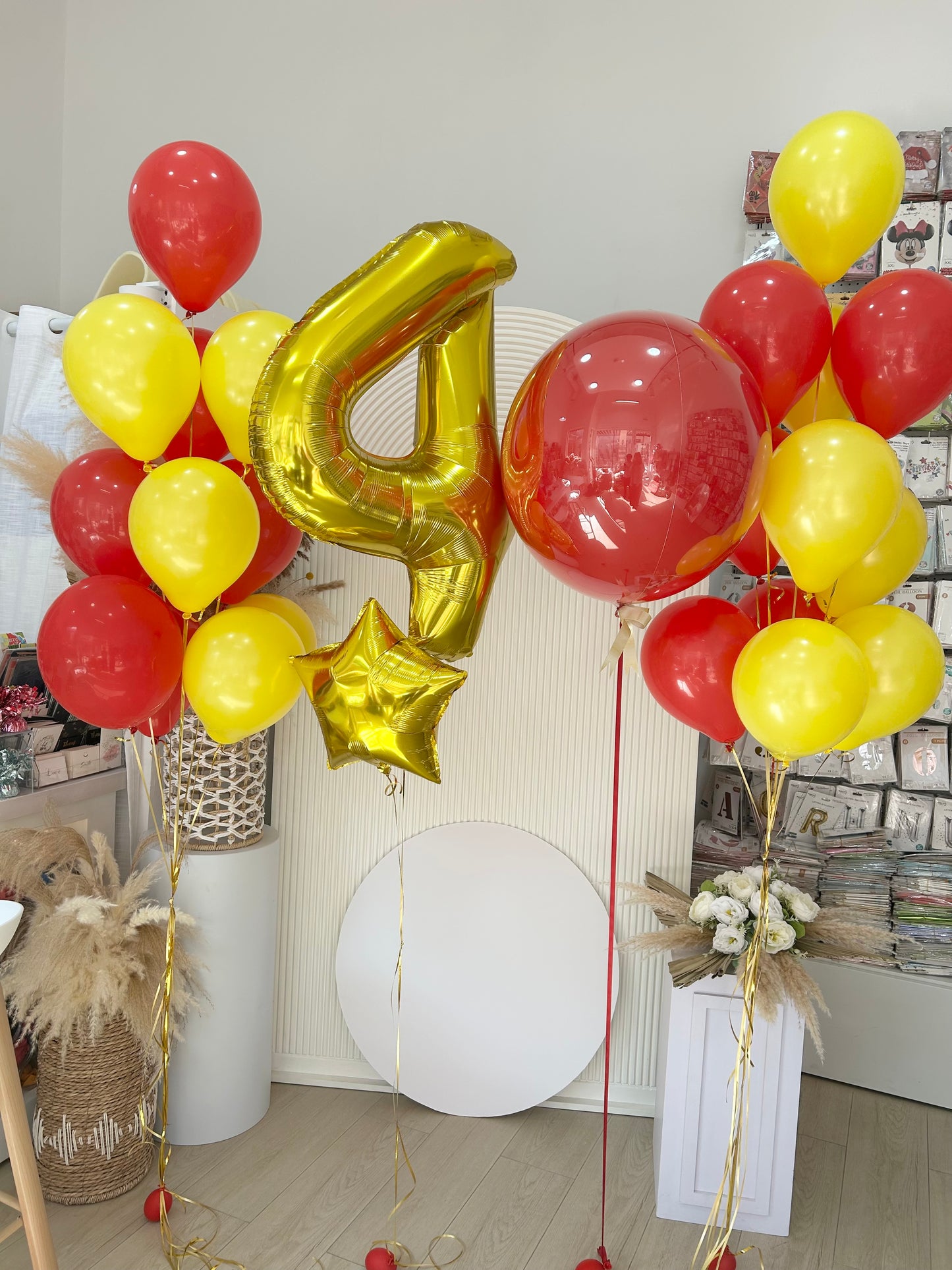 Personalised Clear with Latex Red Gold Number 4 Gold Star Latex Helium Bunch Red Yellow - Customizable Design