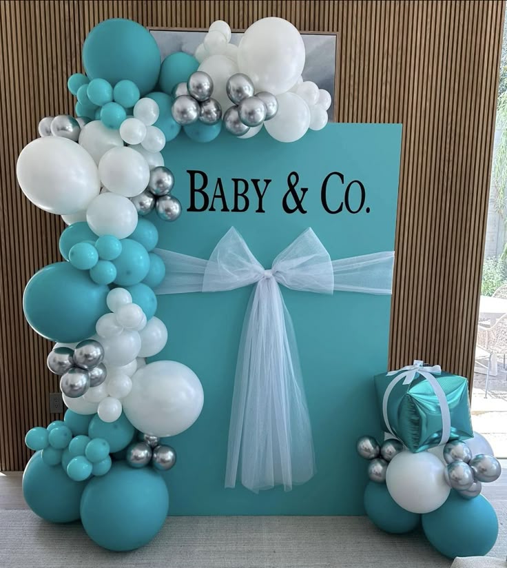 Customizable Board Backdrop with Customize Fabric Ribbons and Balloons Teal, White and Silver - Perfect for any celebration!