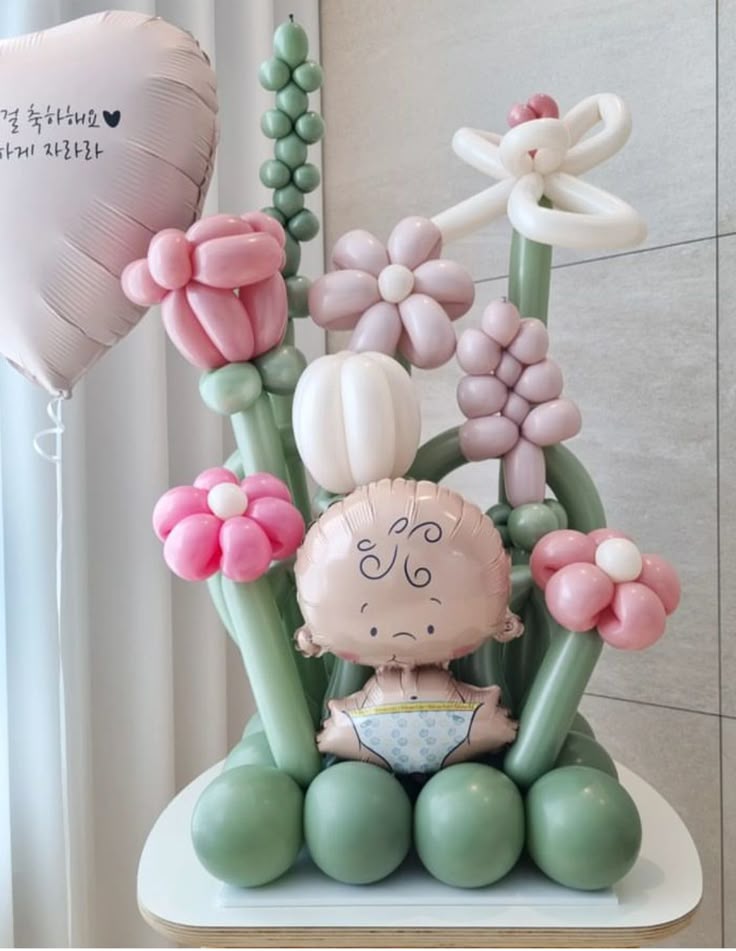 Customize Balloon Bouquet Flowers Colors Purple, Green, White and Pink with Baby Boy Balloon and Helium Heart with Customize Sticker - Perfect for any special occasions!